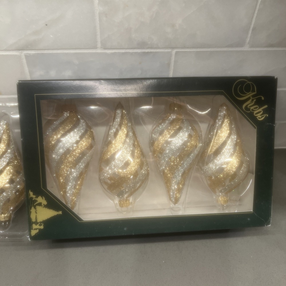 Vintage-KREBS-8 Teardrop, Clear, Gold, And Silver Glitter Stripes Germany
